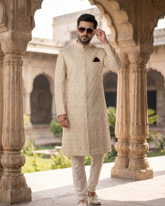 Royal Ivory Self-Embroidered Sherwani