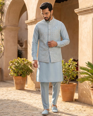 Royal Pastel Blue Hand Embroidered Waistcoat Set