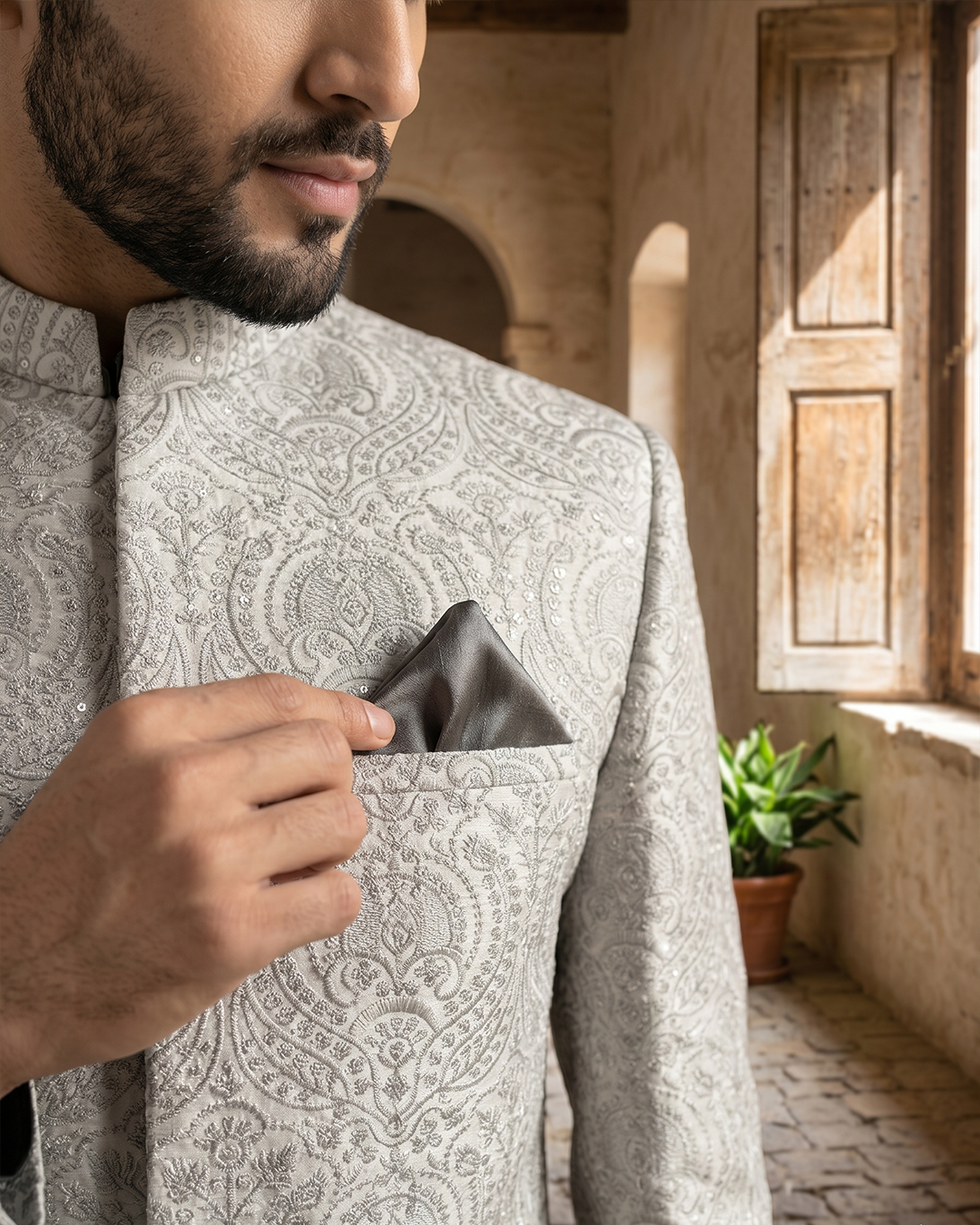 Ivory Silk Prince Coat for Groom | Digital Thread Embroidery