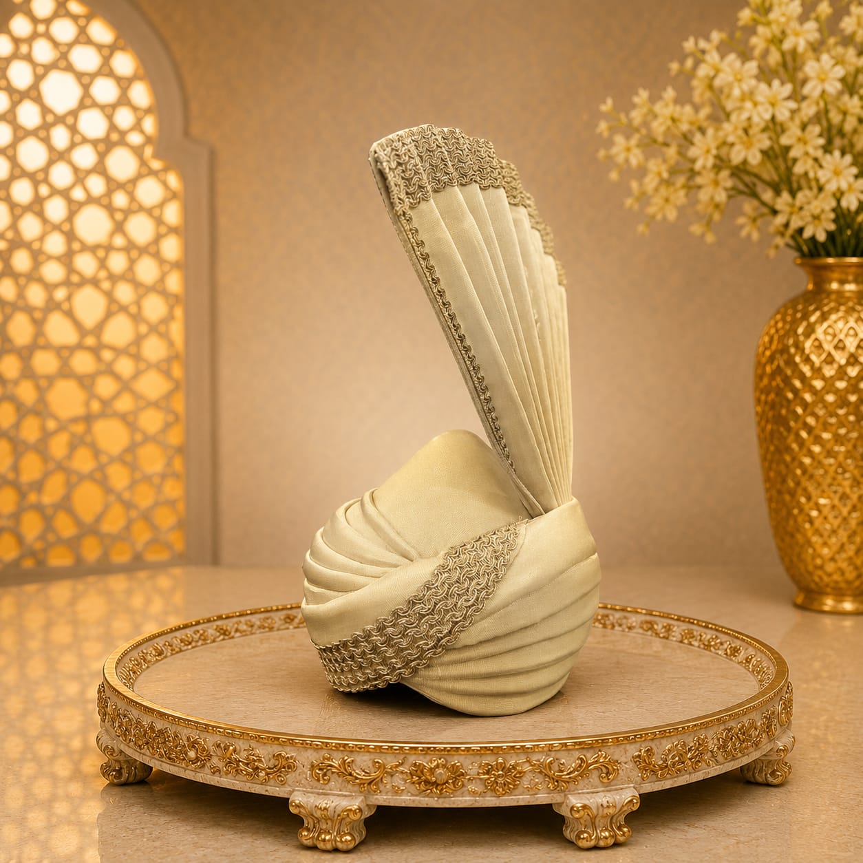 Regal Ivory Silk Groom's Turban (Safa) with Zari Detailing