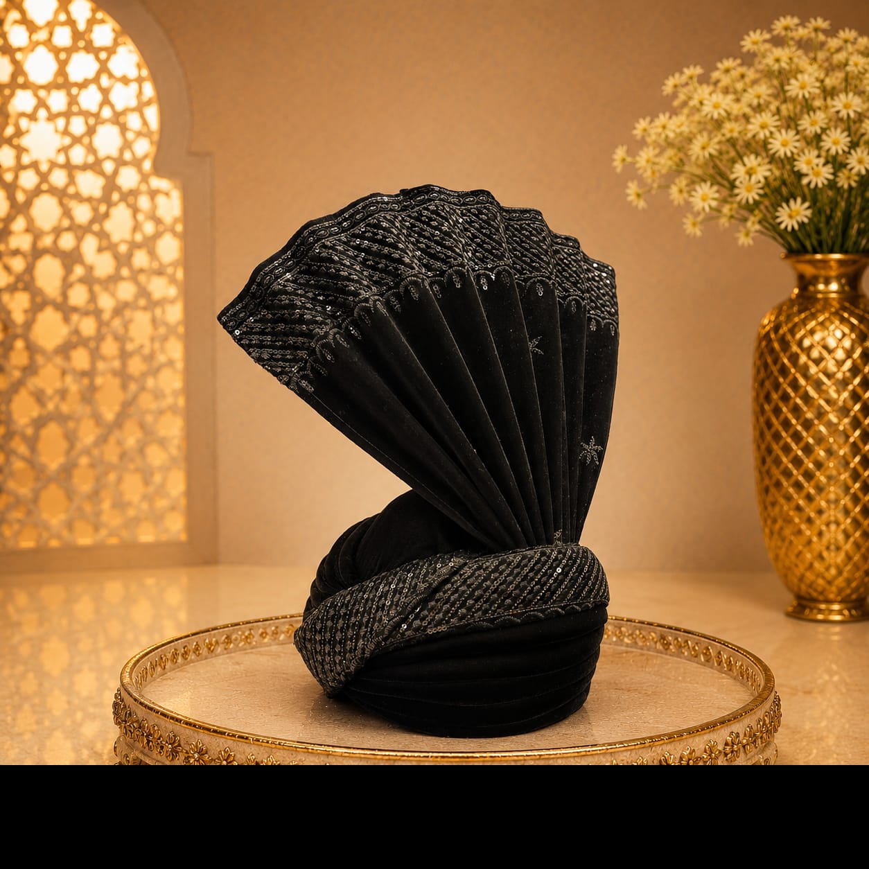 Black Sequined Velvet Royal Turban (Safa/Pagdi)