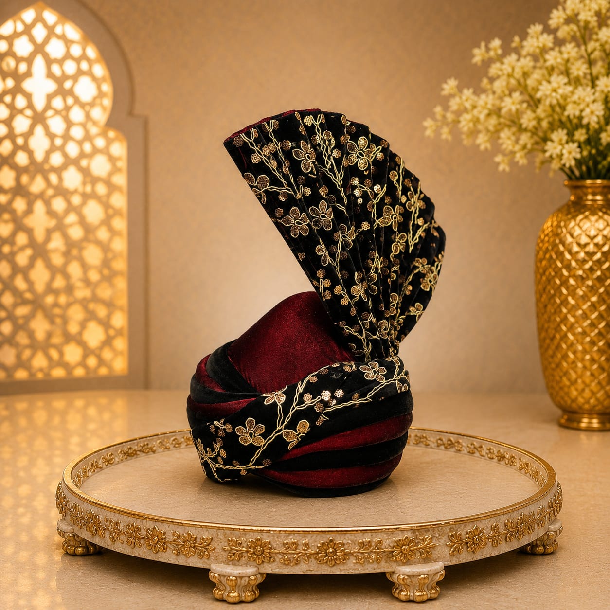 Premium Velvet Maroon & Black Groom's Safa with Gold Floral Embroidery