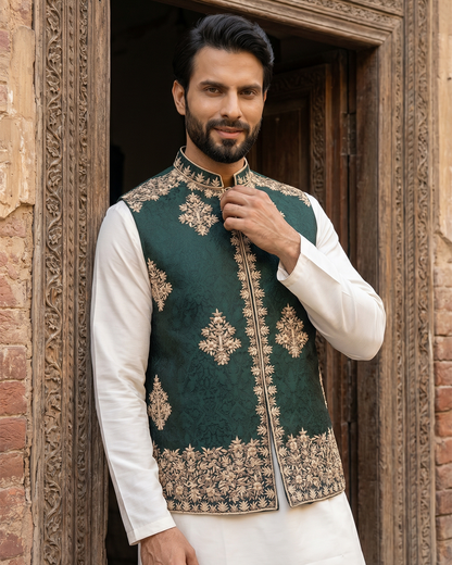 Royal Green Handcrafted Embroidered Waistcoat