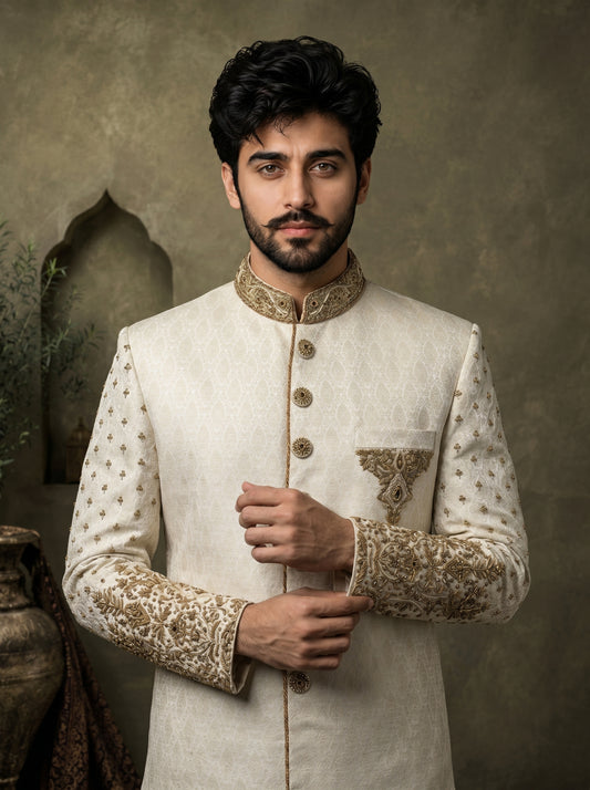 Ivory Elegance – Regal Embroidered Sherwani