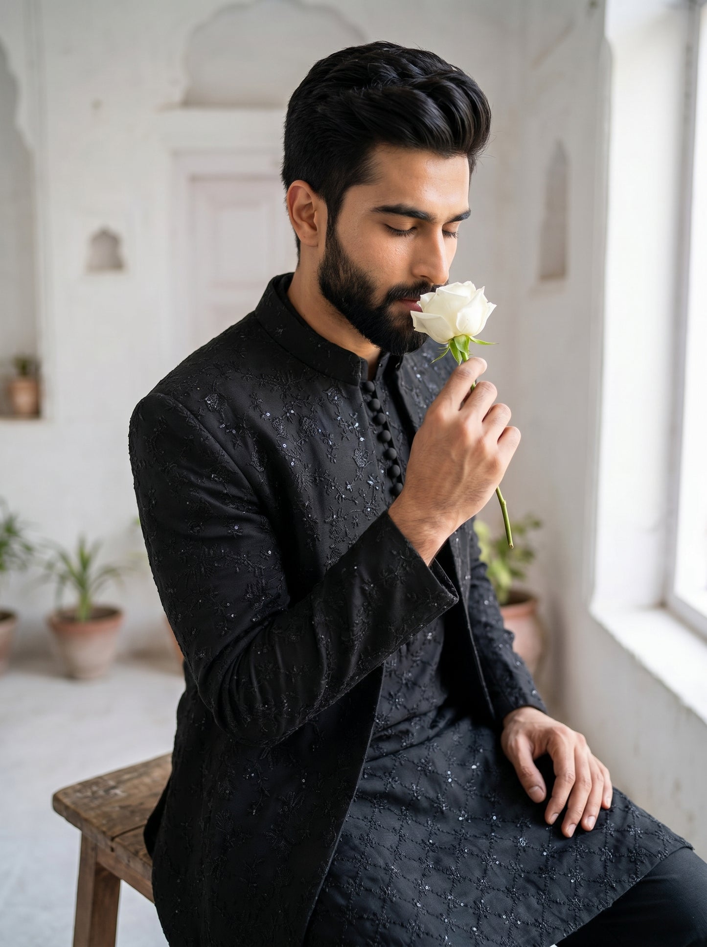 Black Embroidered Prince Coat with Kurta Pajama