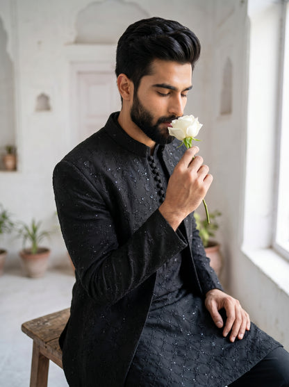 Black Embroidered Prince Coat with Kurta Pajama