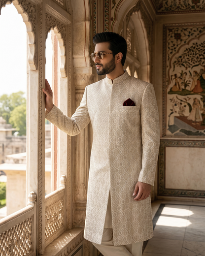 Royal Ivory Self-Embroidered Sherwani