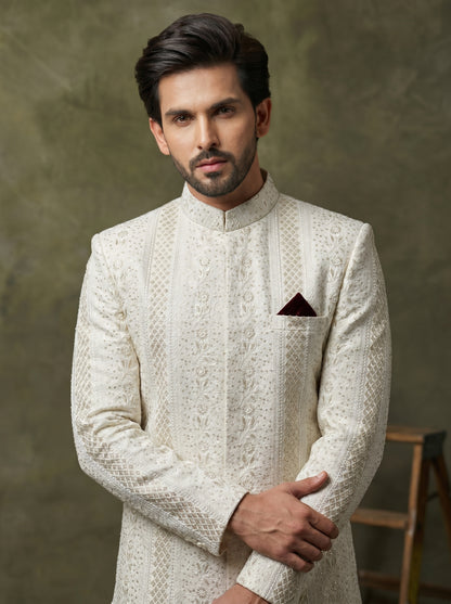 Ivory Silk Sherwani with Tonal Digital Thread Embroidery