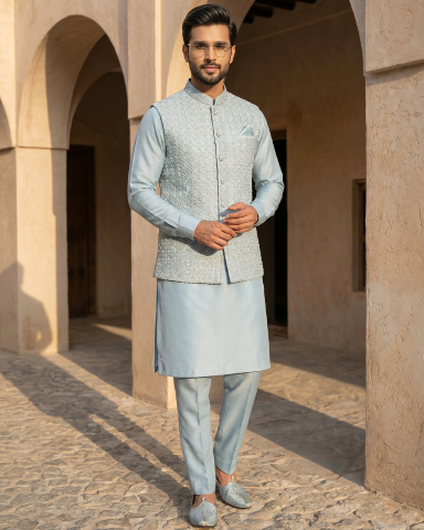 Royal Pastel Blue Hand Embroidered Waistcoat Set