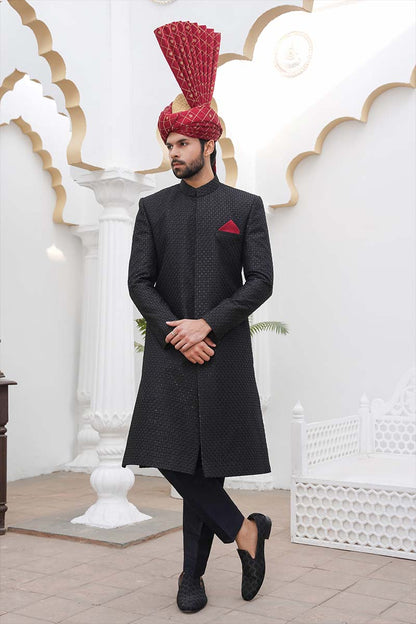 Multi Head Black Embroidery Sherwani
