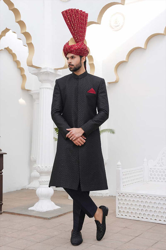 Multi Head Black Embroidery Sherwani