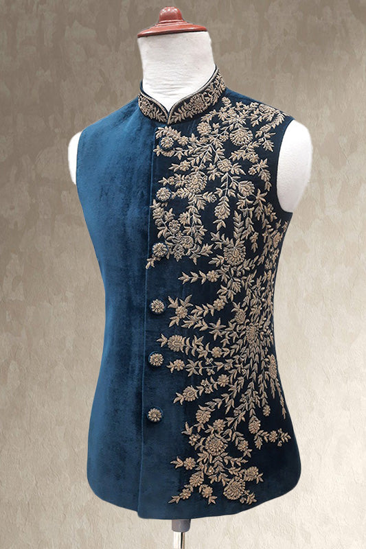 Blue Vlevet Embroidered Waist Coat