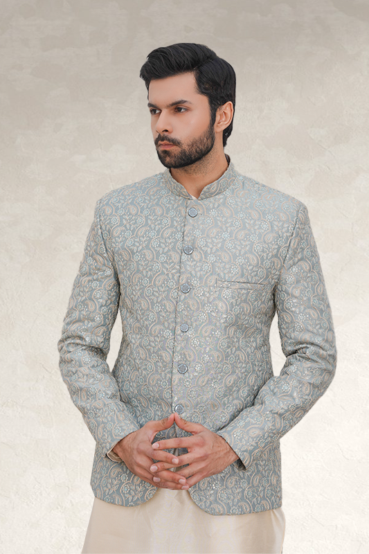 Designer Light Blue Brocade Prince Coat
