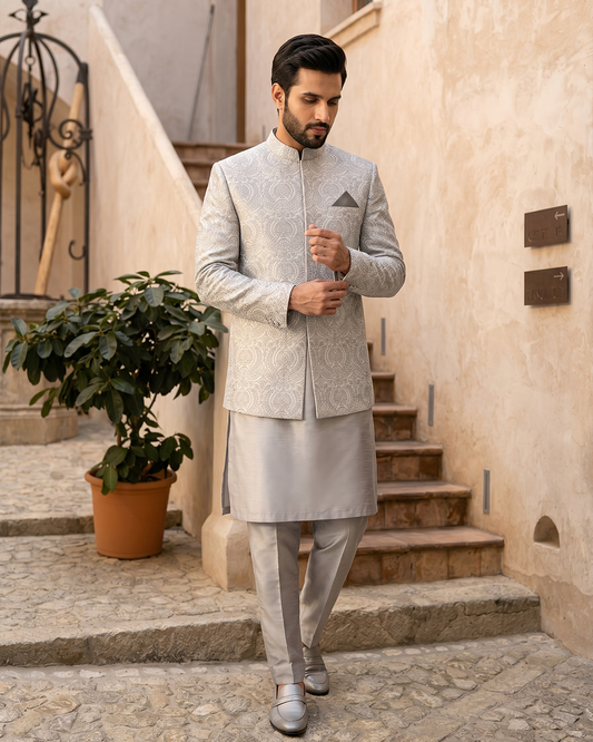 Ivory Silk Prince Coat for Groom | Digital Thread Embroidery