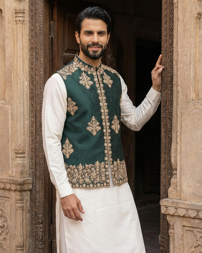 Royal Green Handcrafted Embroidered Waistcoat
