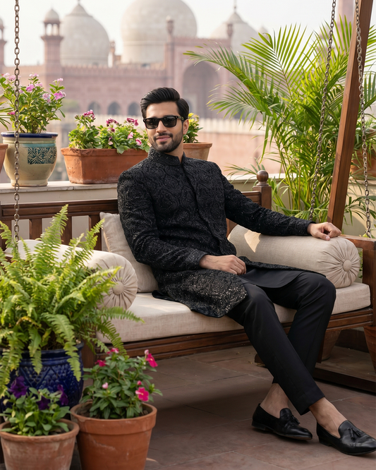 Premium Black Embroidered Velvet Sherwani for Weddings