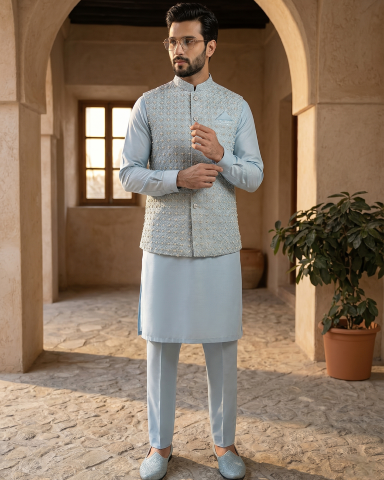 Royal Pastel Blue Hand Embroidered Waistcoat Set