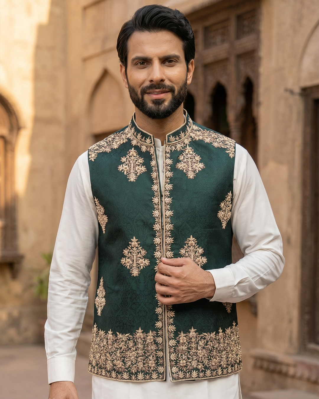 Royal Green Handcrafted Embroidered Waistcoat
