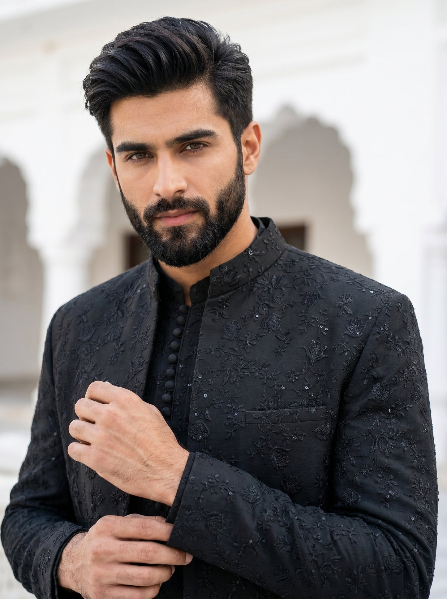 Black Embroidered Prince Coat with Kurta Pajama