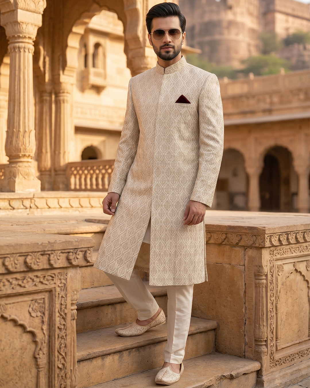 Royal Ivory Self-Embroidered Sherwani