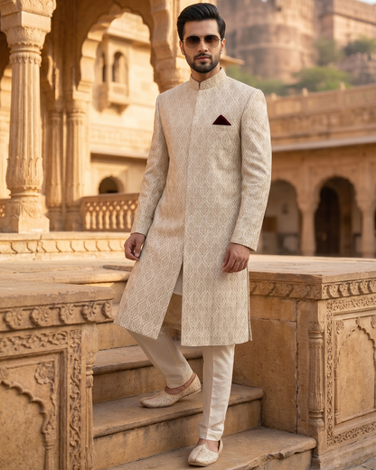 Royal Ivory Self-Embroidered Sherwani