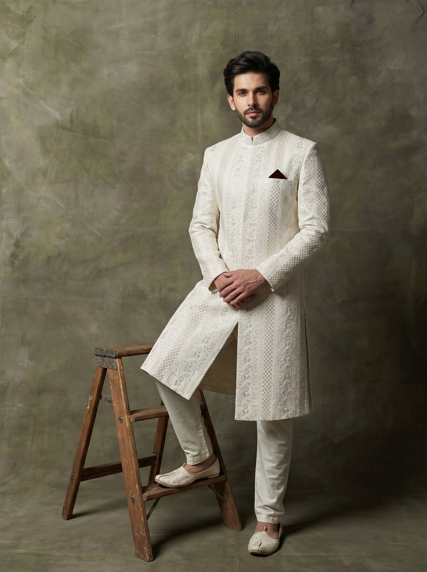 Ivory Silk Sherwani with Tonal Digital Thread Embroidery