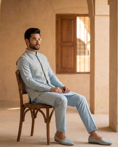 Royal Pastel Blue Hand Embroidered Waistcoat Set