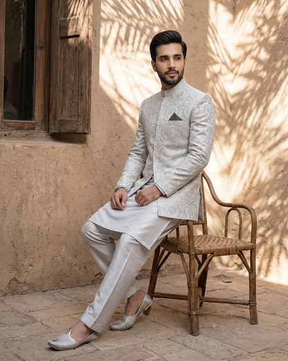 Ivory Silk Prince Coat for Groom | Digital Thread Embroidery