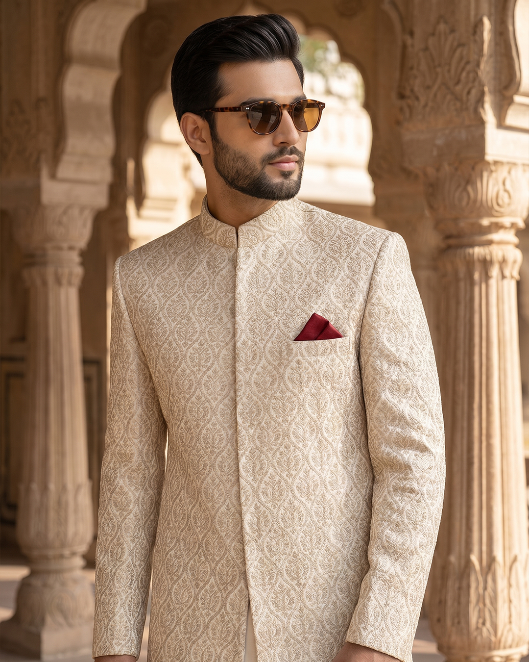 Royal Ivory Self-Embroidered Sherwani