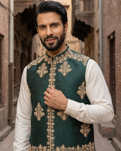 Royal Green Handcrafted Embroidered Waistcoat