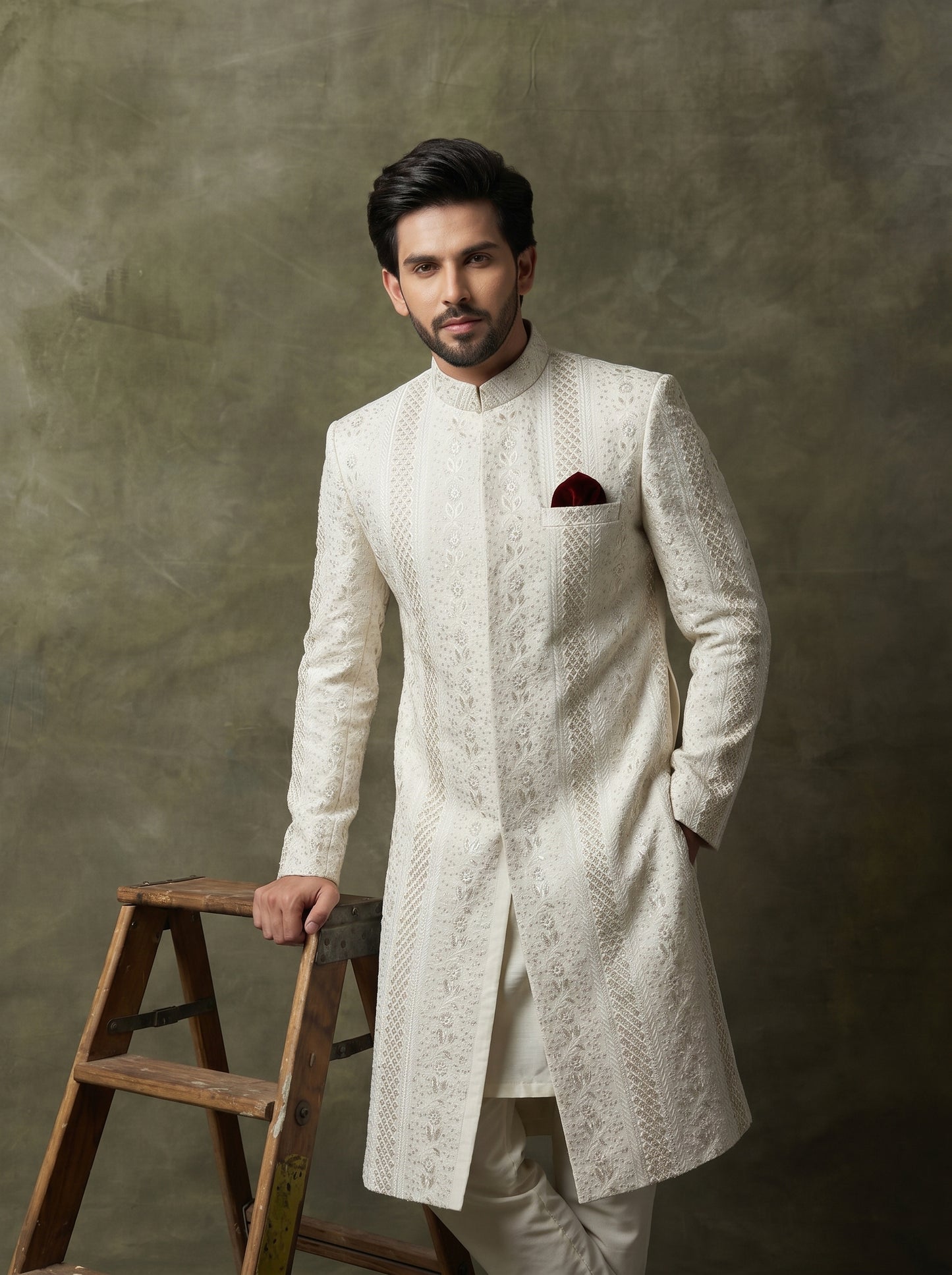 Ivory Silk Sherwani with Tonal Digital Thread Embroidery