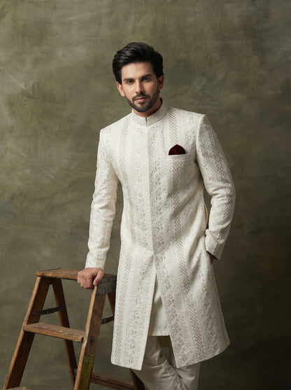 Ivory Silk Sherwani with Tonal Digital Thread Embroidery