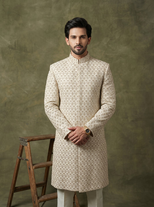 Elegant Groom Sherwani with Intricate Handmade Threadwork