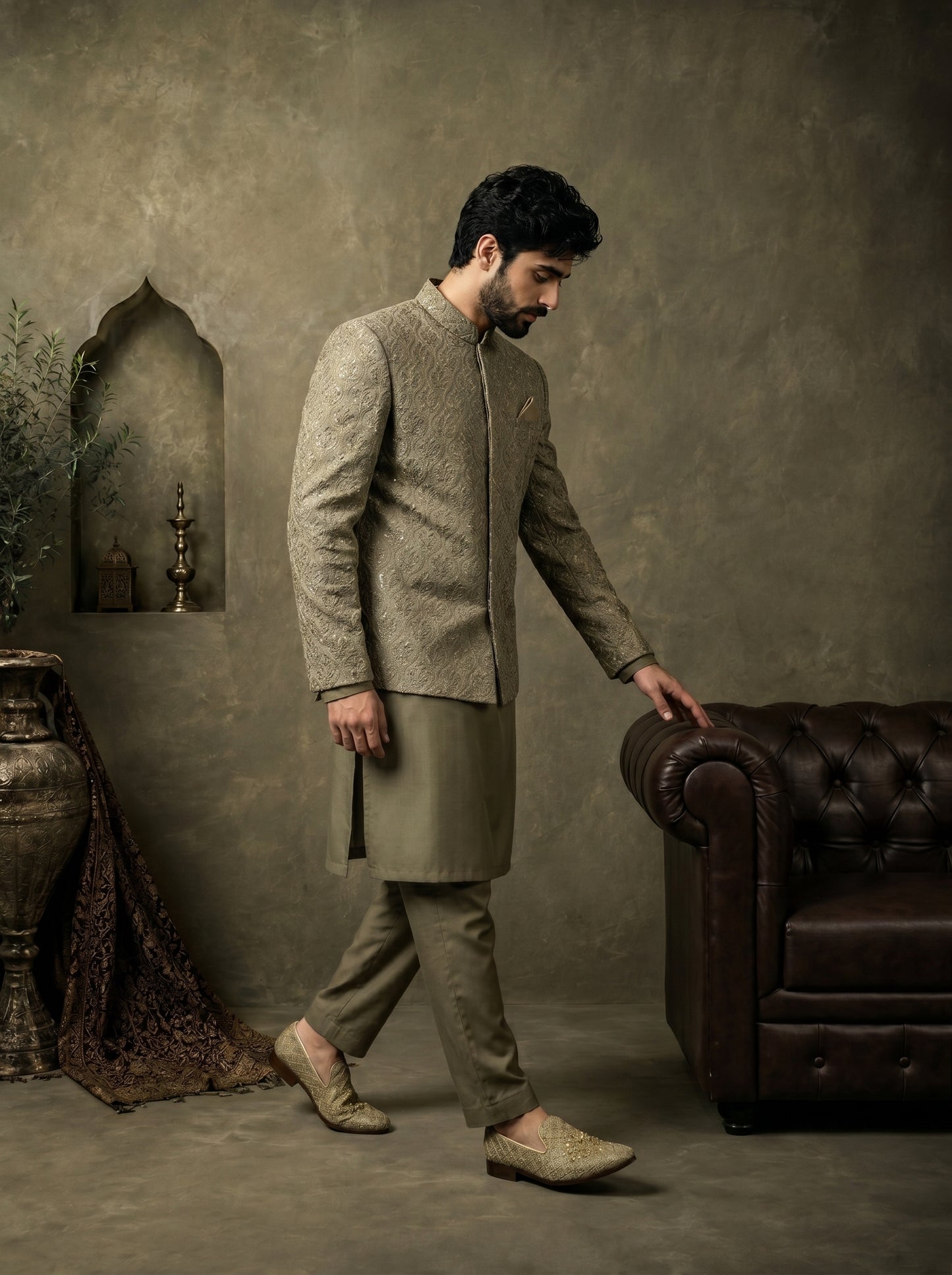 Sage Olive Jacquard Prince Coat