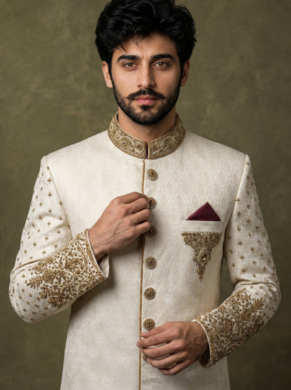 Ivory Elegance – Regal Embroidered Sherwani