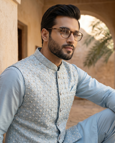 Royal Pastel Blue Hand Embroidered Waistcoat Set