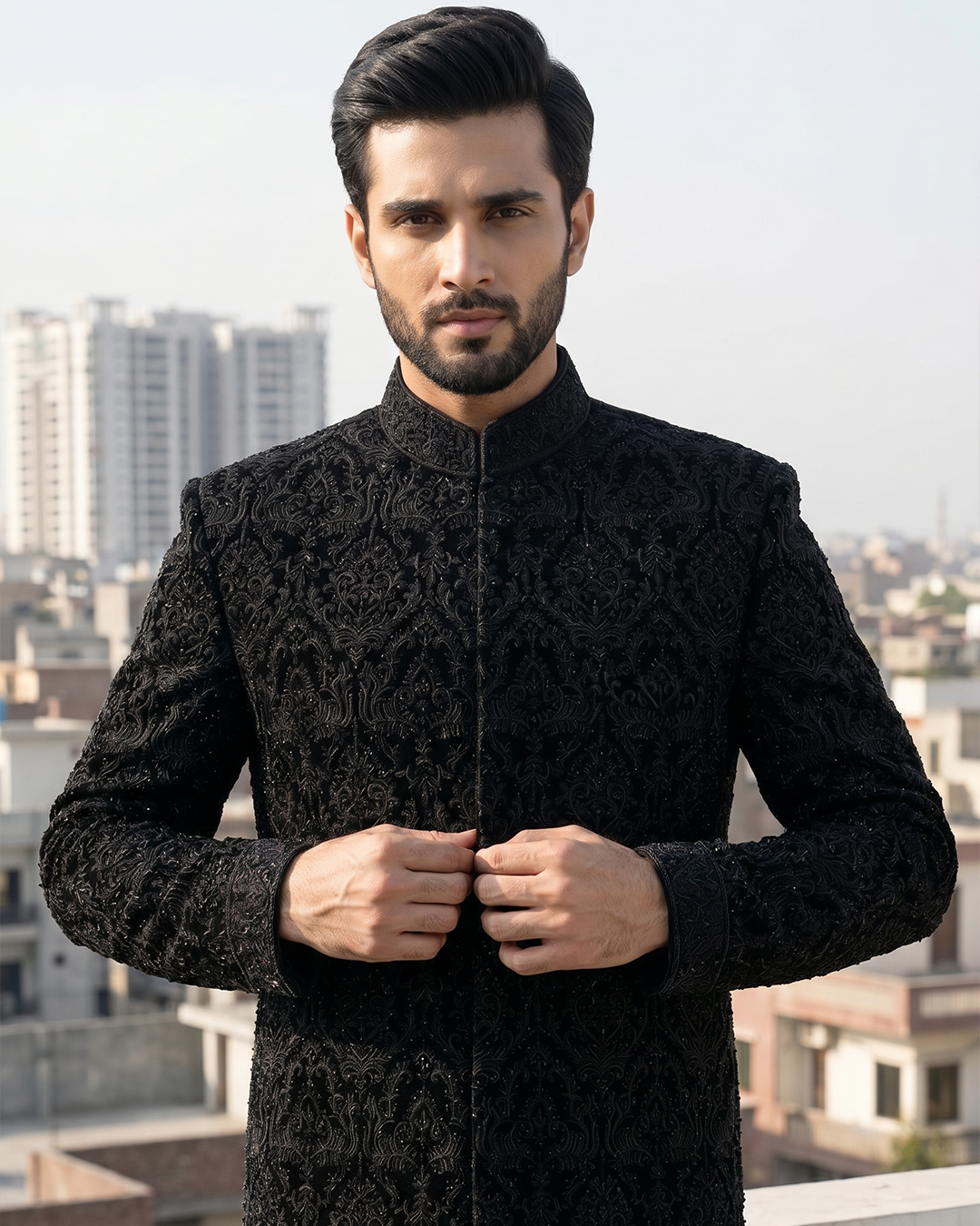 Premium Black Embroidered Velvet Sherwani for Weddings