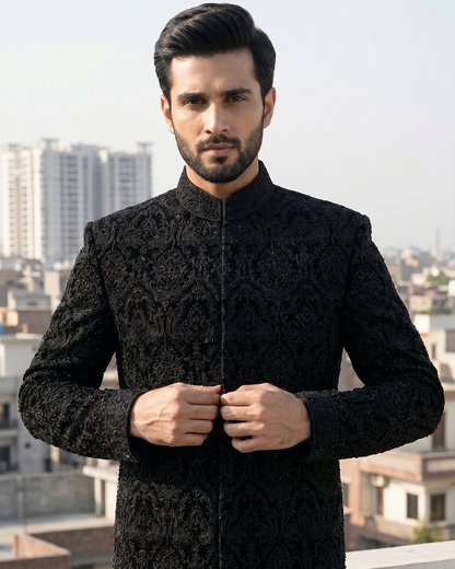 Premium Black Embroidered Velvet Sherwani for Weddings