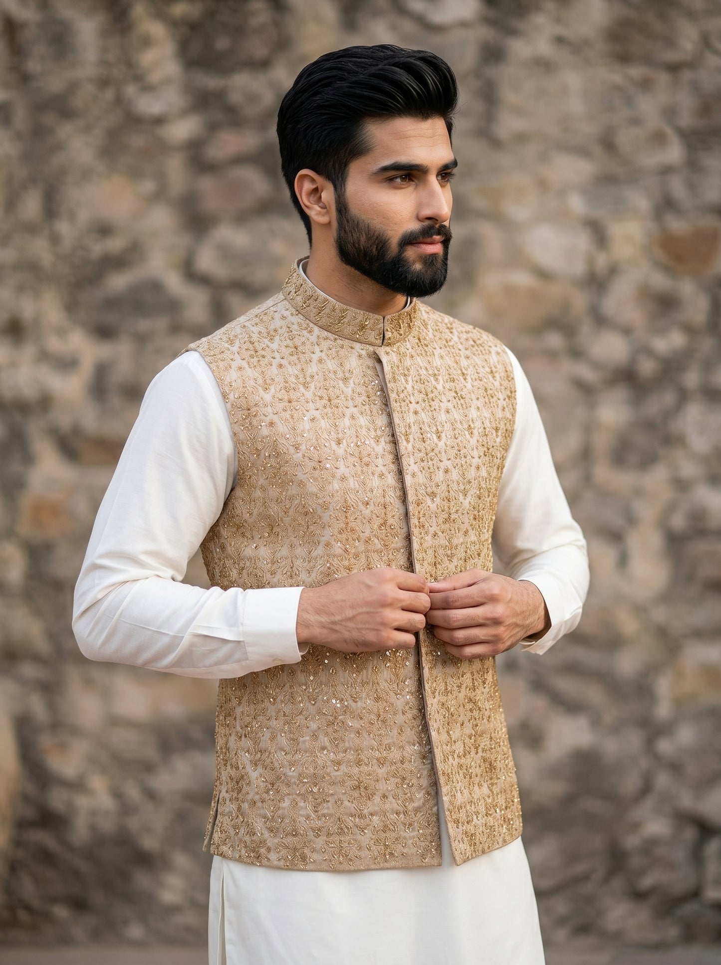 Classic Cream & Gold Embroidered Wedding Waistcoat