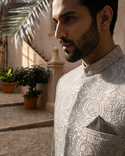 Ivory Silk Prince Coat for Groom | Digital Thread Embroidery