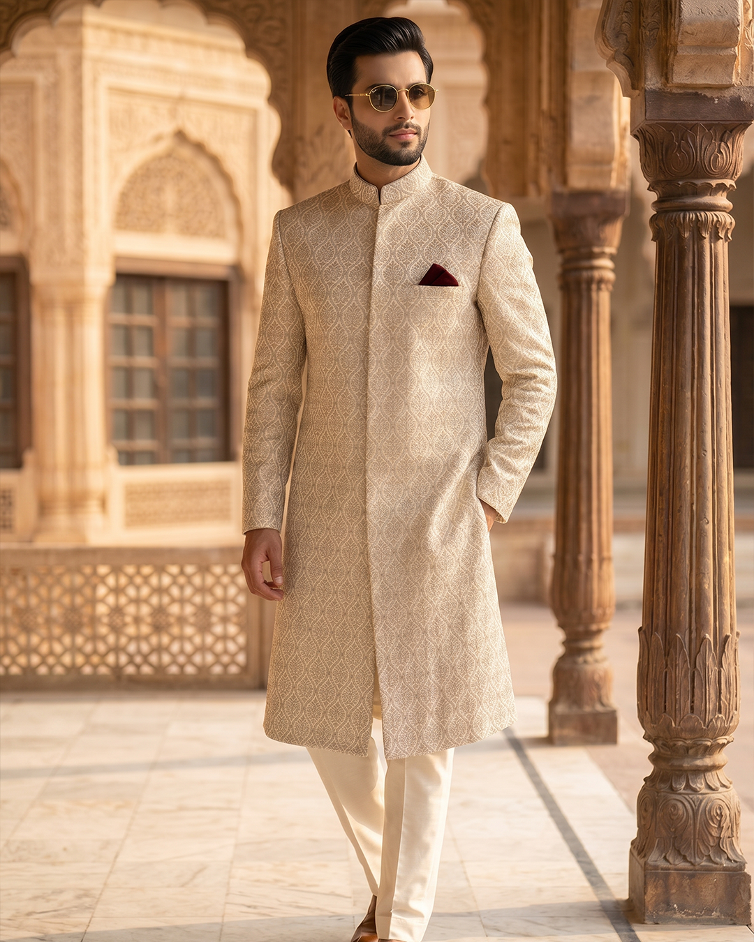 Royal Ivory Self-Embroidered Sherwani