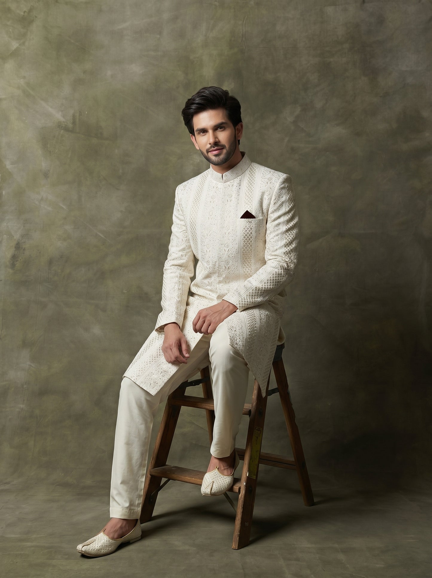 Ivory Silk Sherwani with Tonal Digital Thread Embroidery