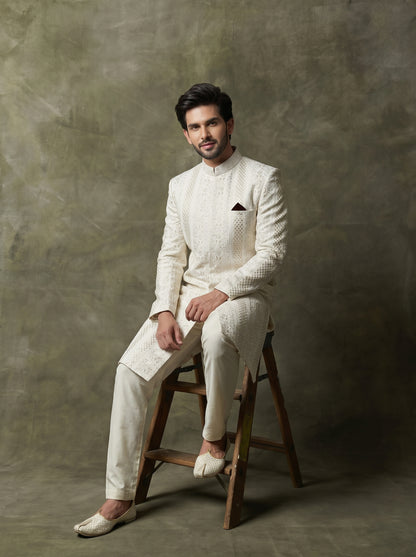 Ivory Silk Sherwani with Tonal Digital Thread Embroidery