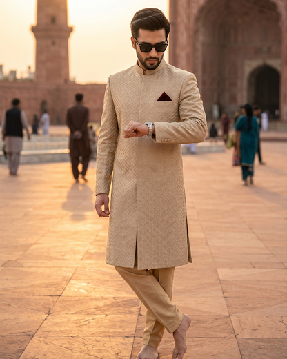 Luxury Silk Base Sherwani with Digital Thread Embroidery