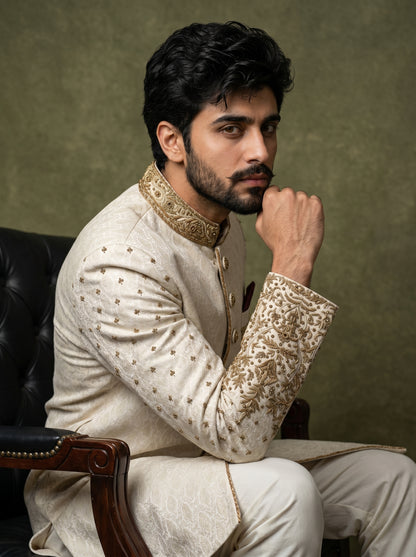 Ivory Elegance – Regal Embroidered Sherwani