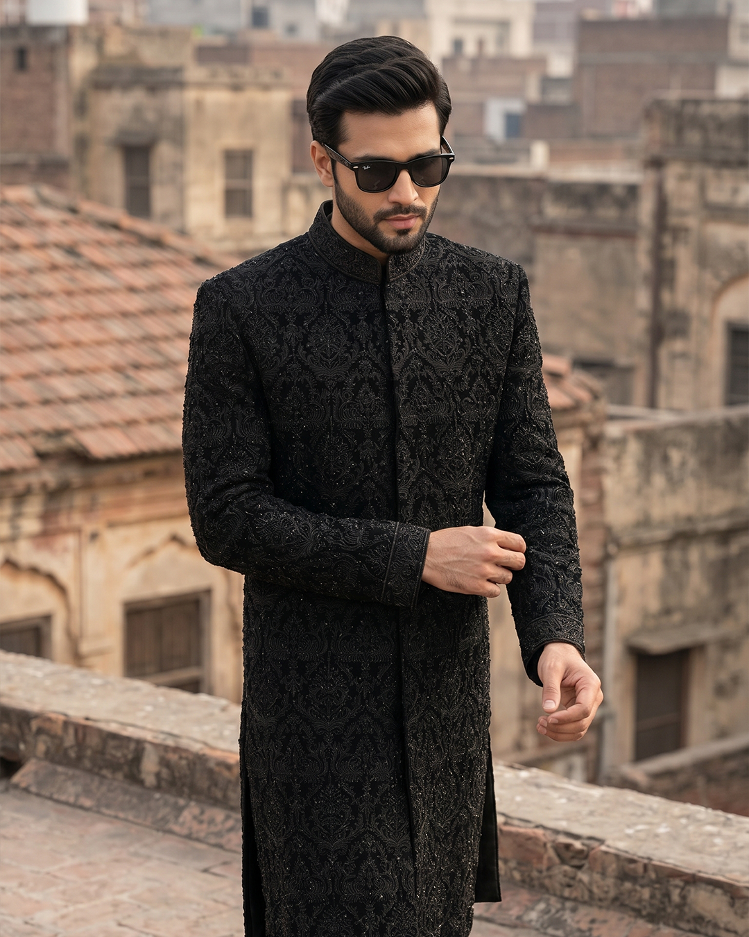 Premium Black Embroidered Velvet Sherwani for Weddings