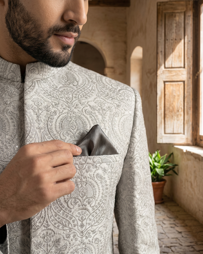 Ivory Silk Prince Coat for Groom | Digital Thread Embroidery
