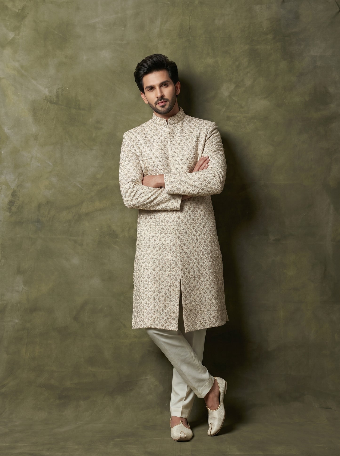 Elegant Groom Sherwani with Intricate Handmade Threadwork