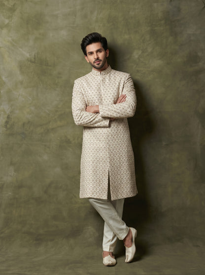 Elegant Groom Sherwani with Intricate Handmade Threadwork