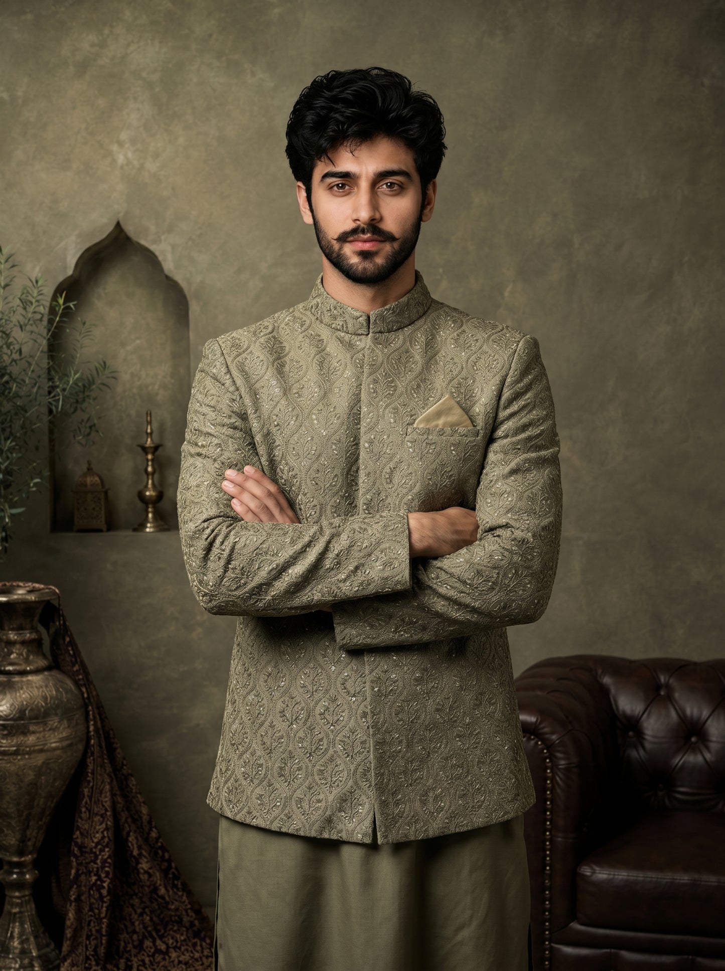 Sage Olive Jacquard Prince Coat